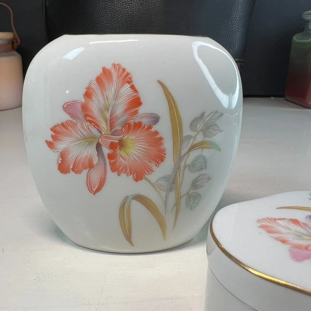 Vintage Otagiri Japan Porcelain Vanity Set Vase Trinket Box Dish Hand Painted